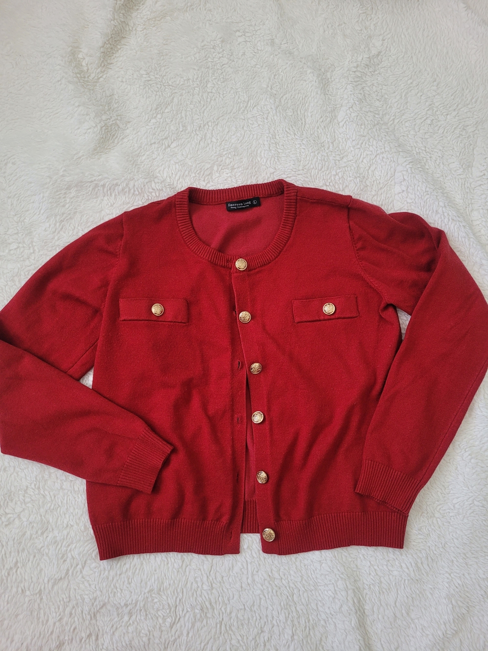 Elegant Red Button-Front Women's Cardigan with Gold Buttons